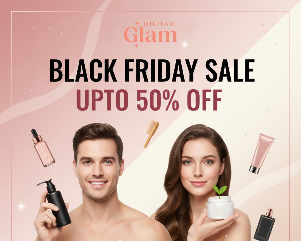 Promotional banner for Dirham Glam Black Friday Sale with a man and woman holding skincare products on a pink background.